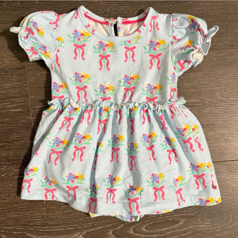 Ruffle Butts Baby Romper - Light Blue with Pink and Yellow Floral